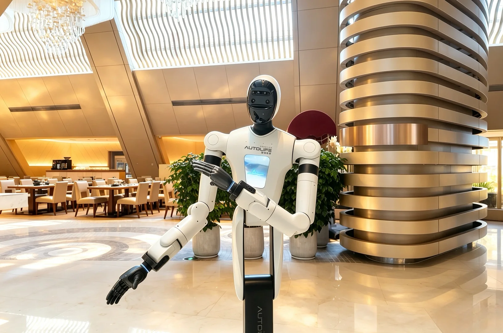 机器人在酒店前台进行访客接待与引导
